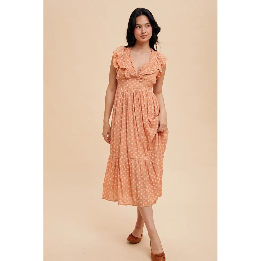 BOUTIQUE BOHO Peach Floral Ruffle Flutter Sleeve Tiered Midi SUMMER Dress Size M